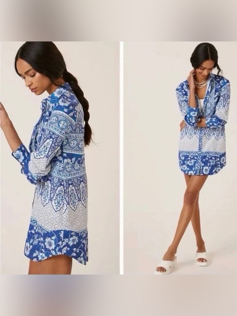 Anthropologie Printed V-Neck Buttonfront Shirtdress Sz L Blue White Floral